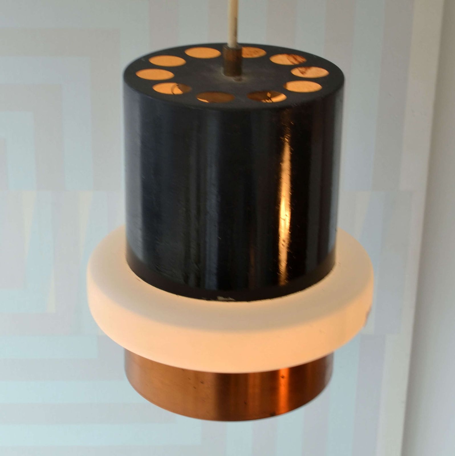 Set Of Modernist Black Metal, Copper And Glass Pendants By Philips 1960' S photo buy