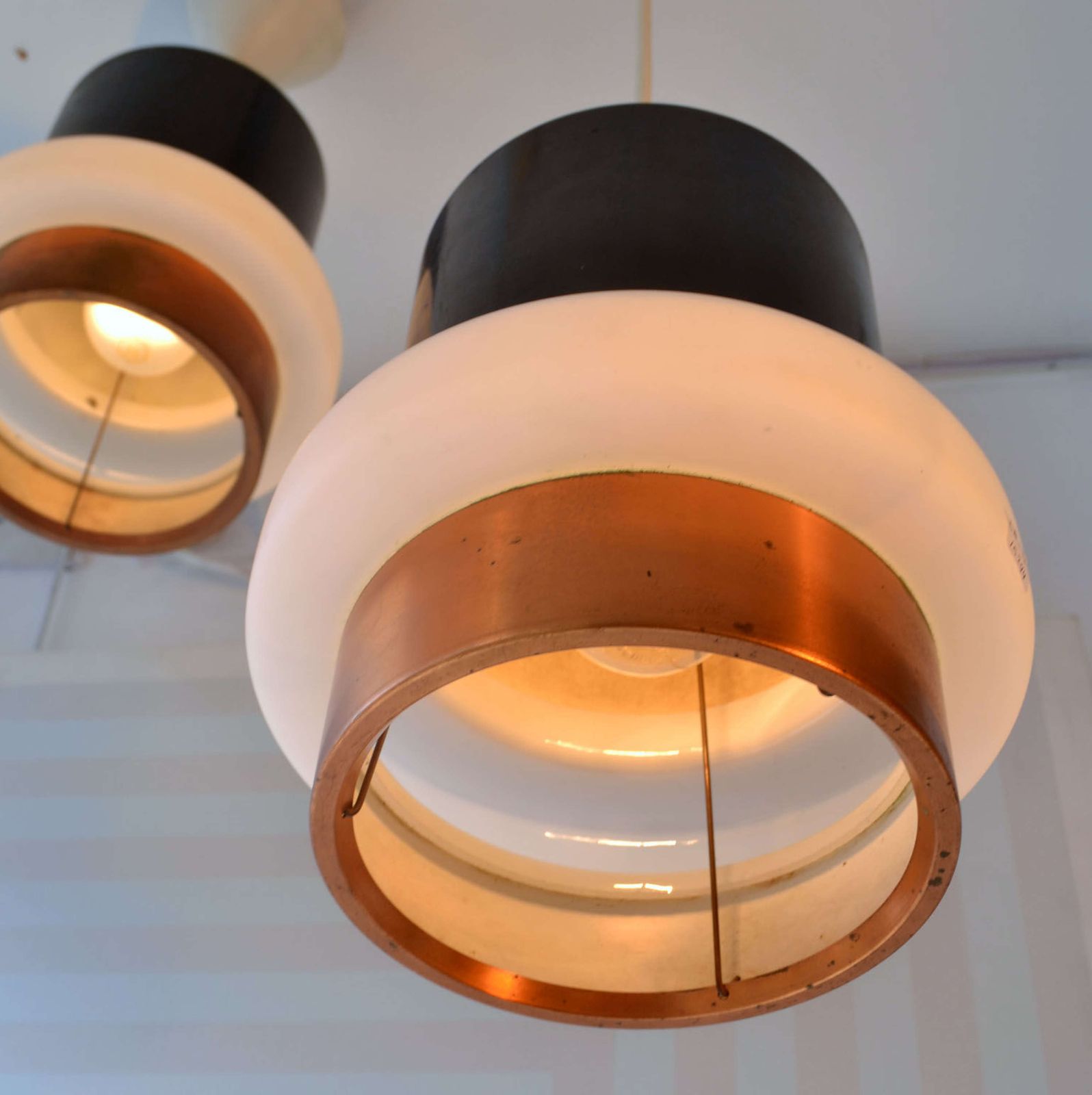 Set Of Modernist Black Metal, Copper And Glass Pendants By Philips 1960' S photo vintage