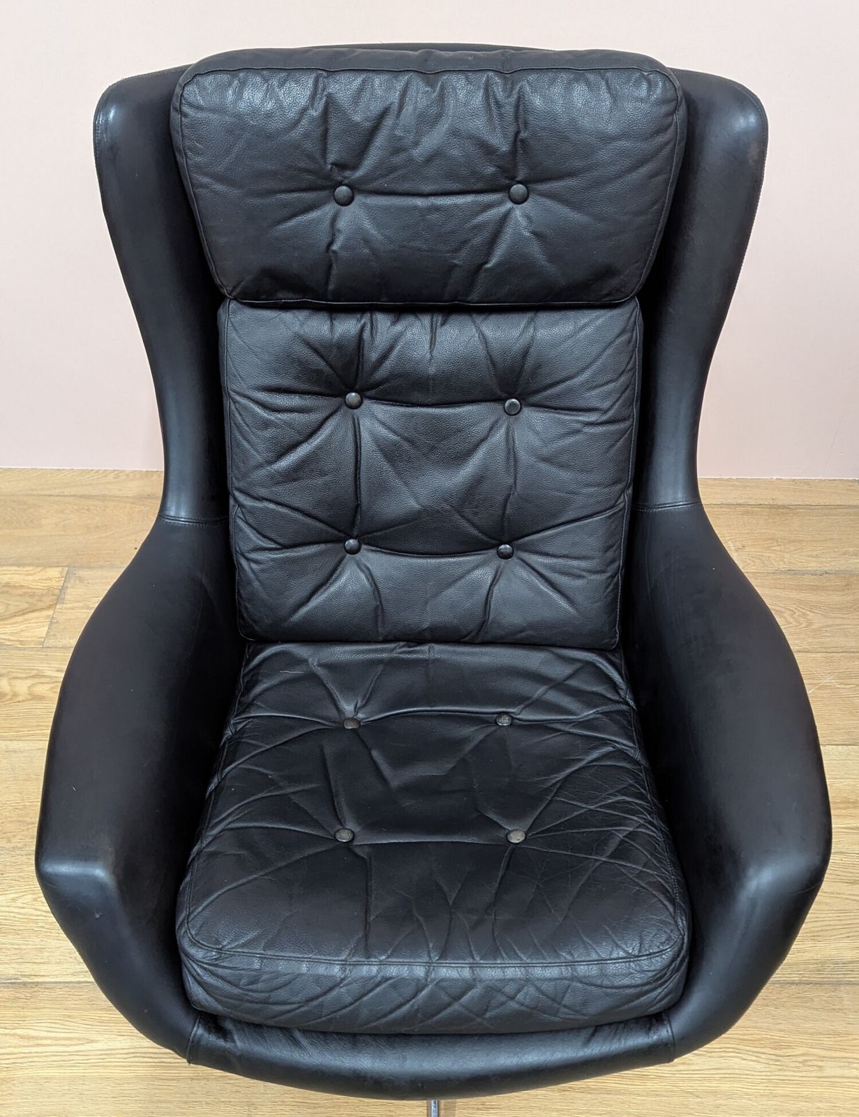 Midcentury Danish Black Leather Swivel Lounge Chair photo vintage