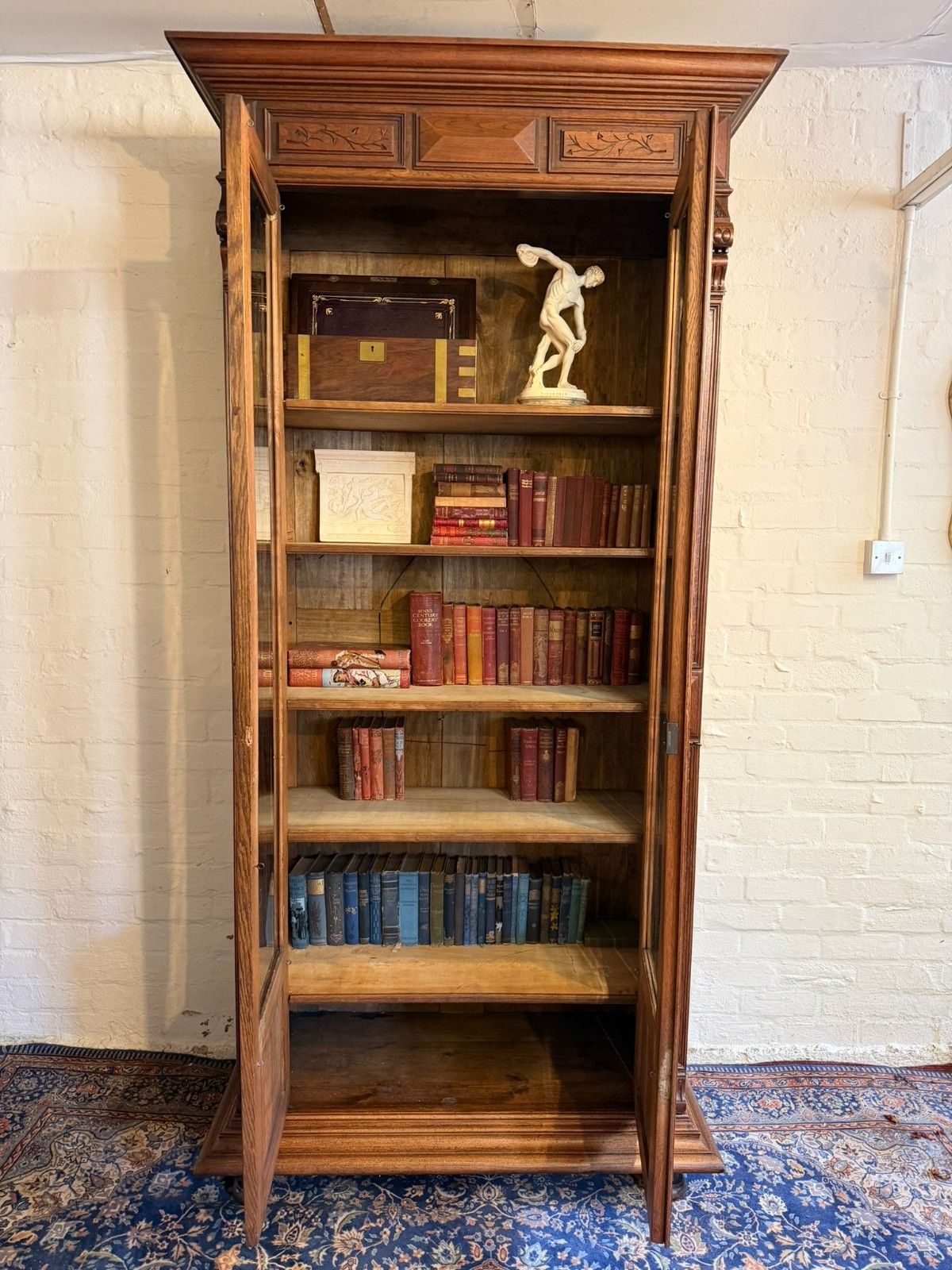photo vinterior Tall French Antique Carved Oak Glazed Bookcase/Cabinet Circa 1890
