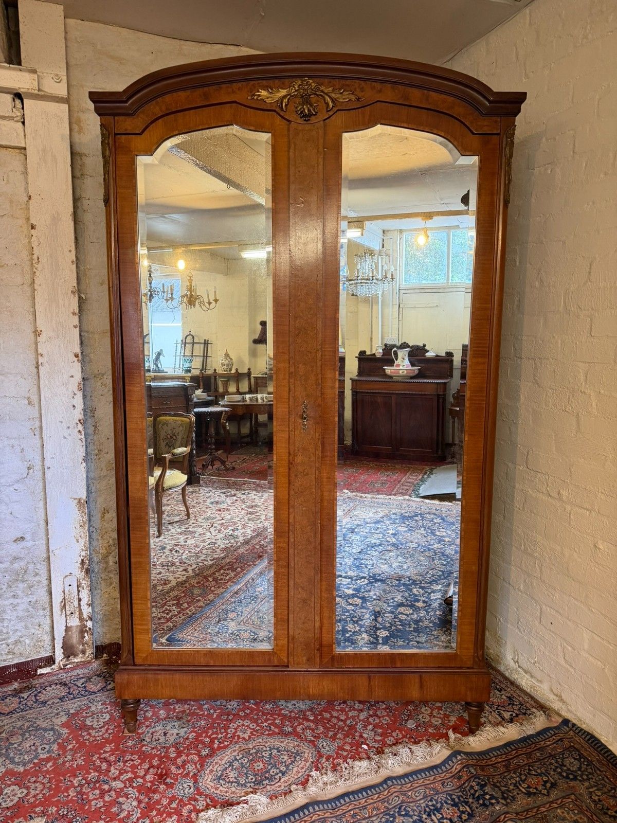 Antique French Burr Walnut Louis XV Mirror Door Armoire Circa 1900 photo for sale