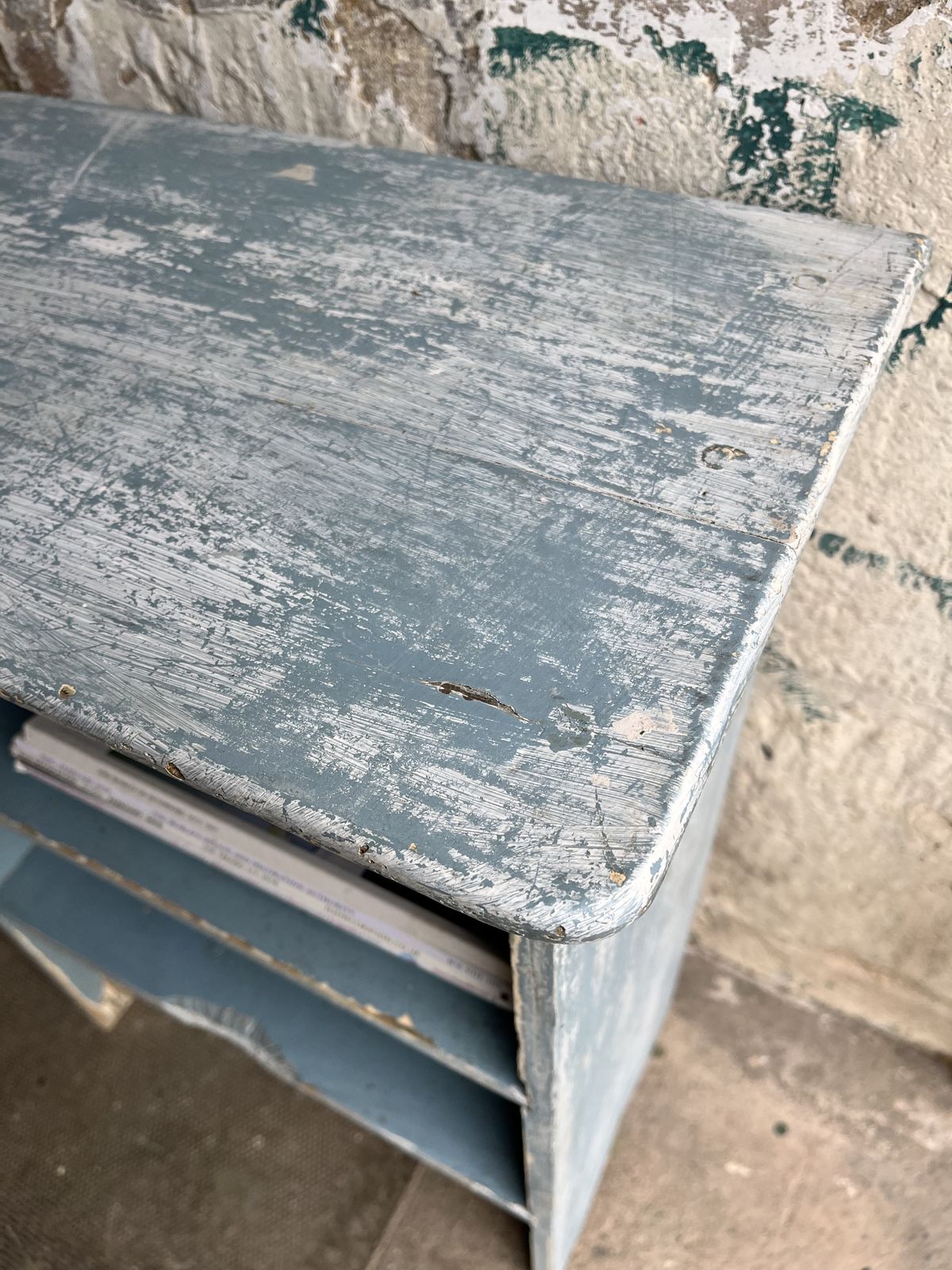 235.0 Edwardian Small Pine Bookcase In Distressed Blue Paint photo