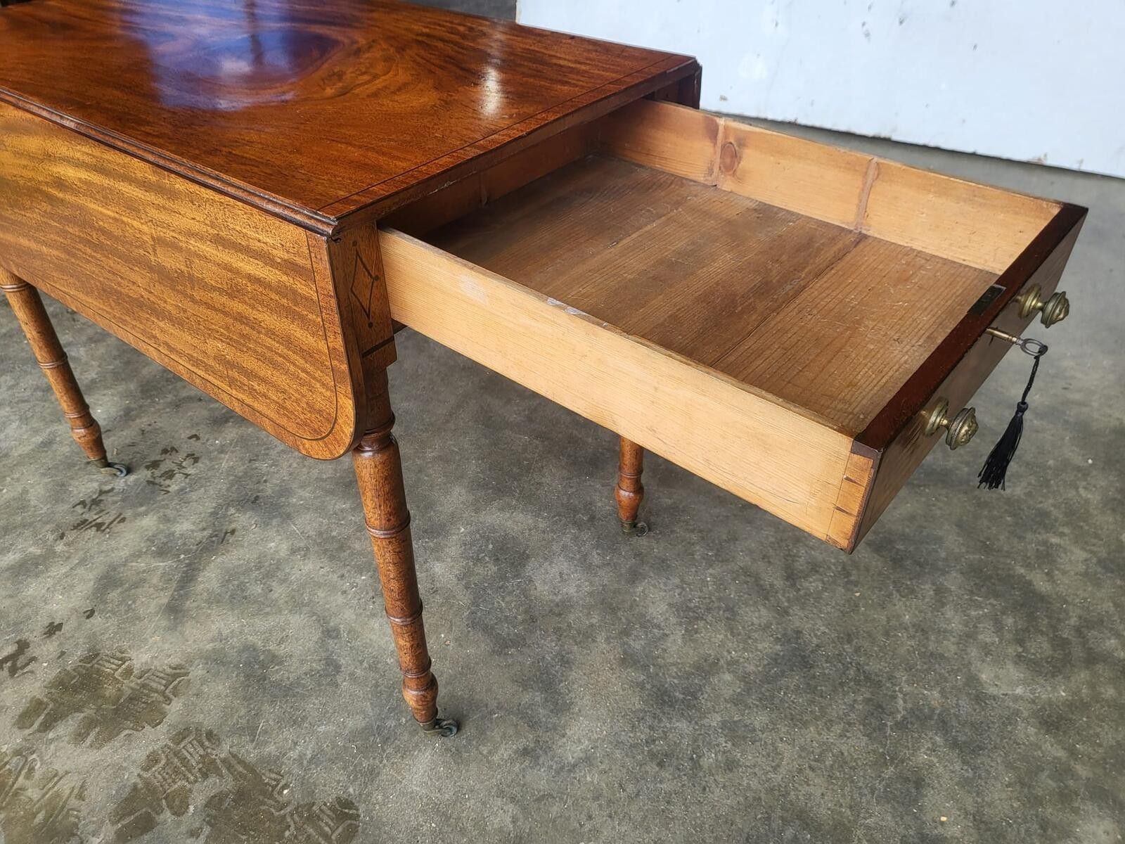 photo for sale Antique Regency Inlaid Pembroke Drop Leaf Dining Occasional Table Drawer