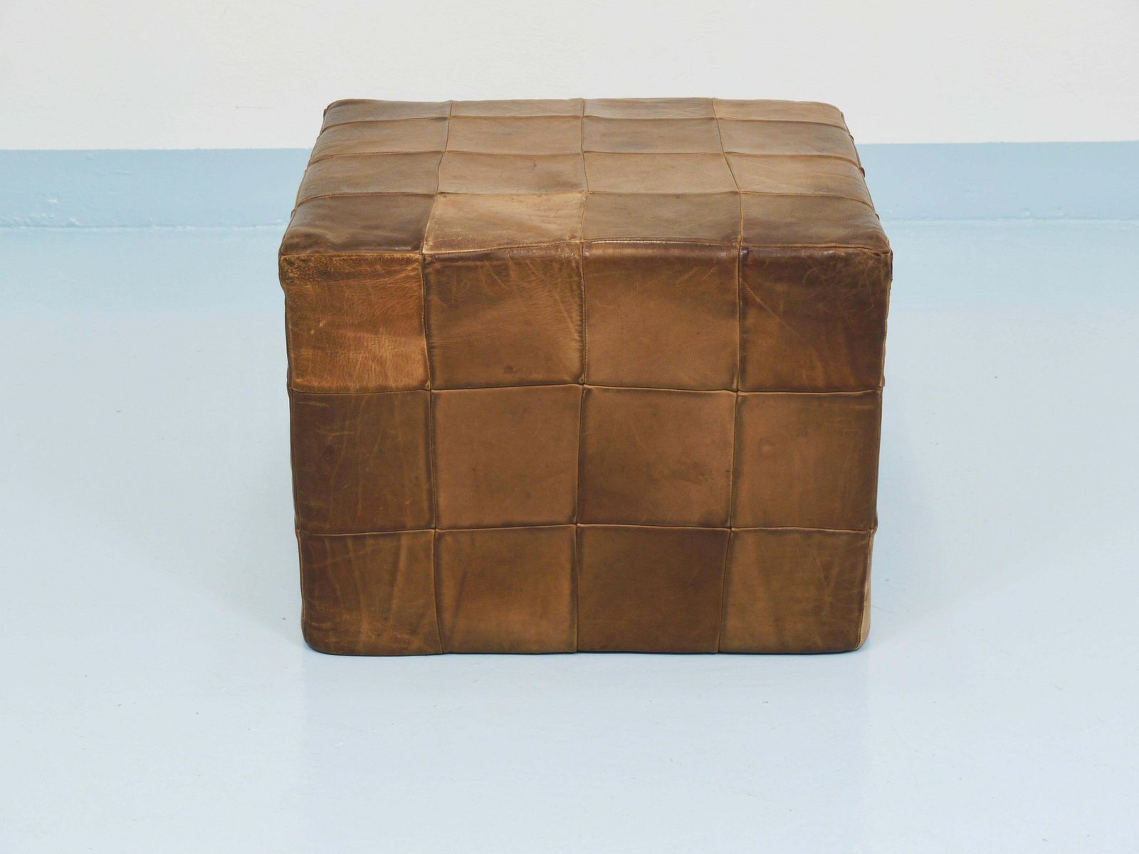 photo furniture De Sede Patchwork Leather Cube Stool, Pouf, Ottoman, Switzerland, 1970s