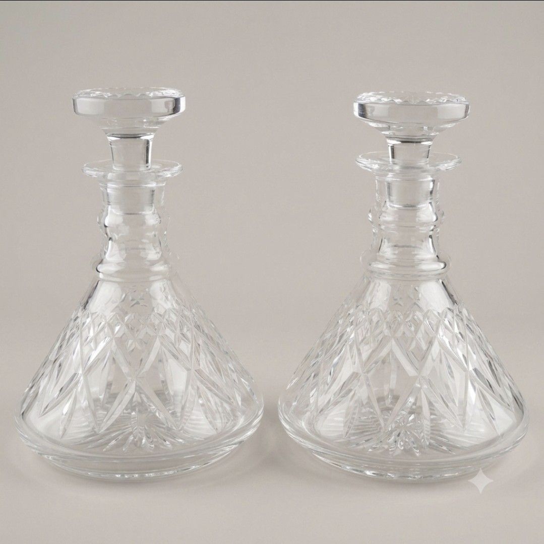 Pair Of Stuart Crystal Decanters Conical Cut Glass Vintage