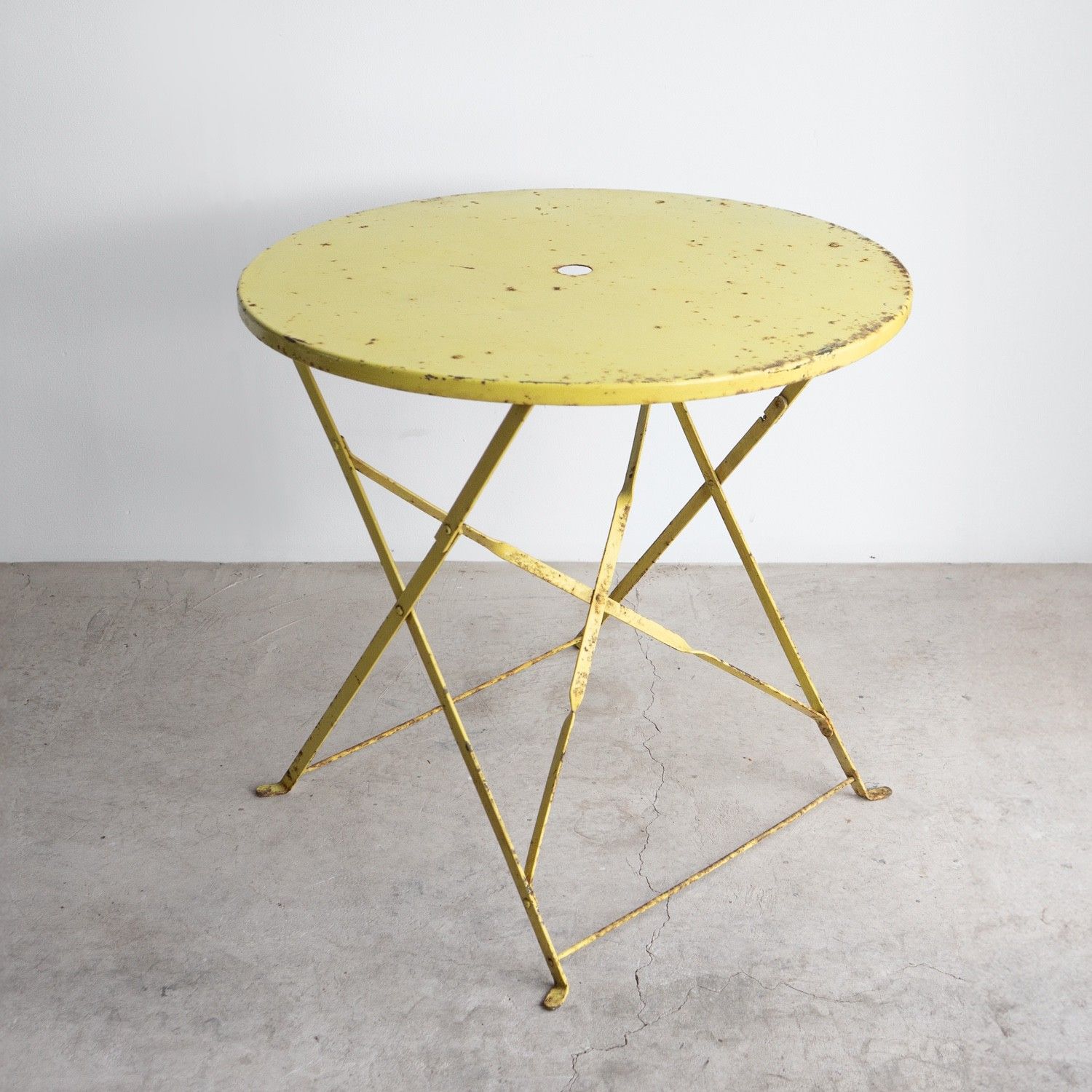 Vintage French Yellow Painted Iron Circular Bistro Table, C. 1950s photo for sale