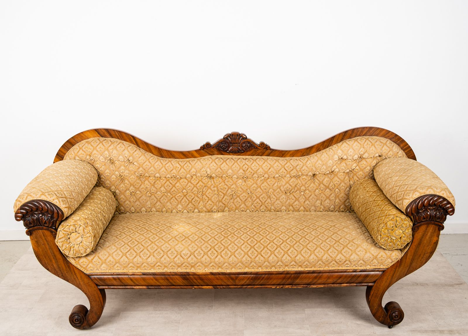 photo furniture Victorian Rosewood Upholstered Settee Sofa With Carved Scroll Ends C.1880