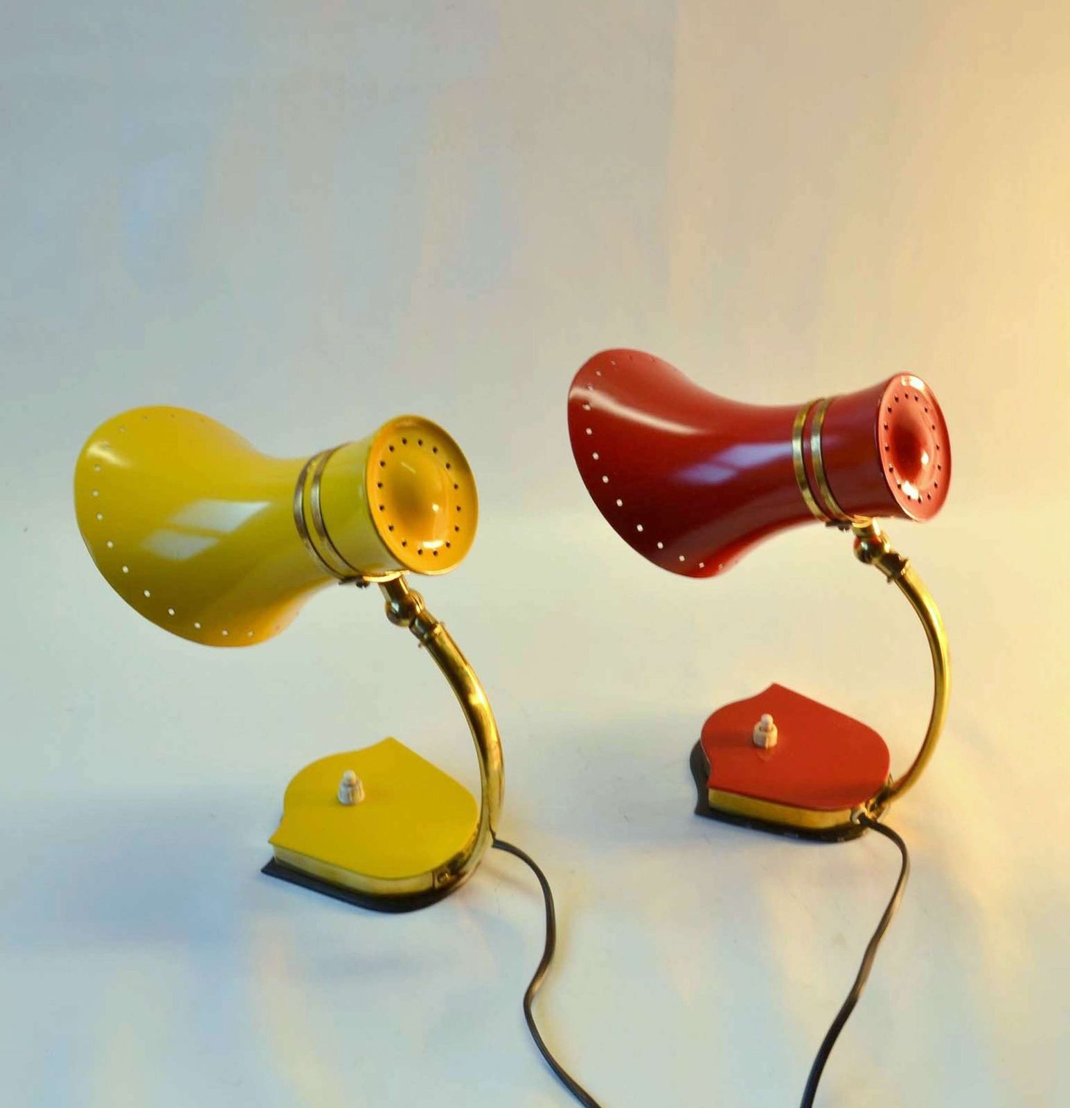 Original Pair Stilnovo Table Lamps 1960s Italian Red & Yellow & Brass photo Lighting