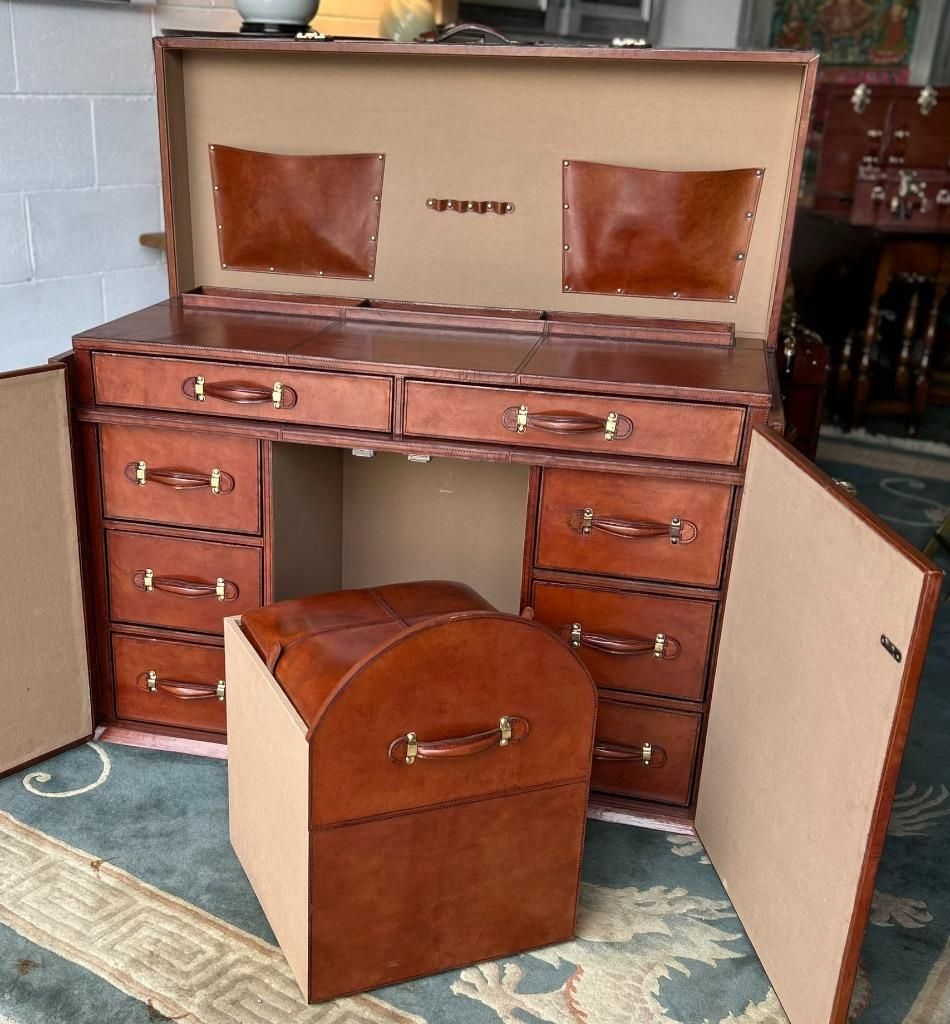 photo for sale Antique Style Leather Campaign Furniture Desk Or Dressing Table & Stool