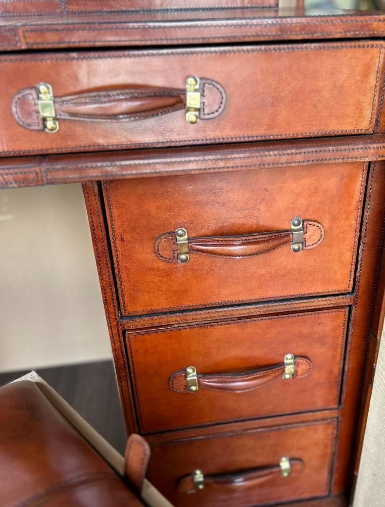895.0 Antique Style Leather Campaign Furniture Desk Or Dressing Table & Stool photo