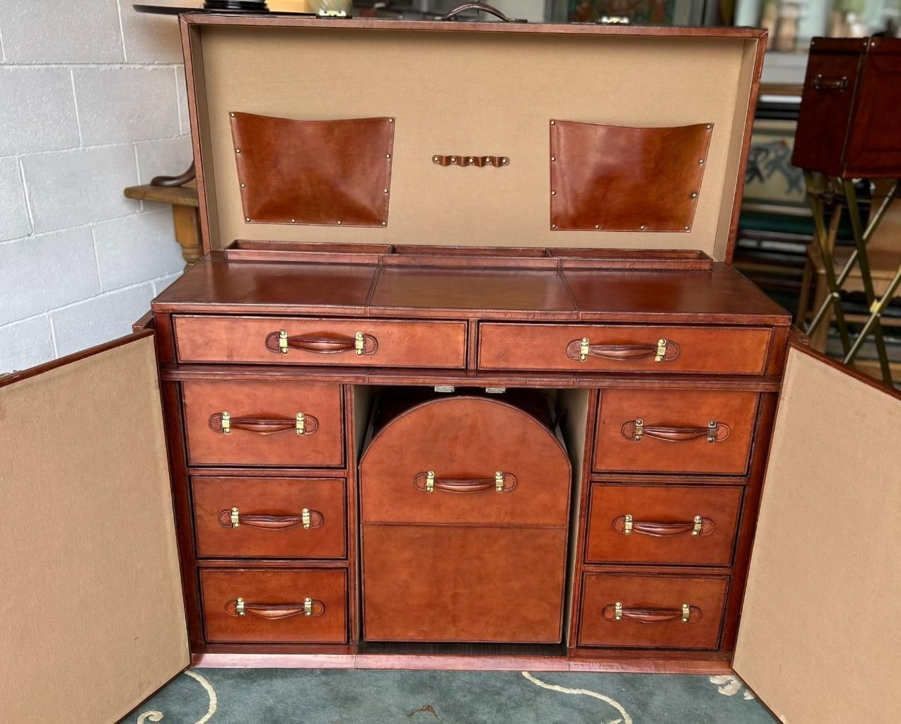 photo vinterior Antique Style Leather Campaign Furniture Desk Or Dressing Table & Stool