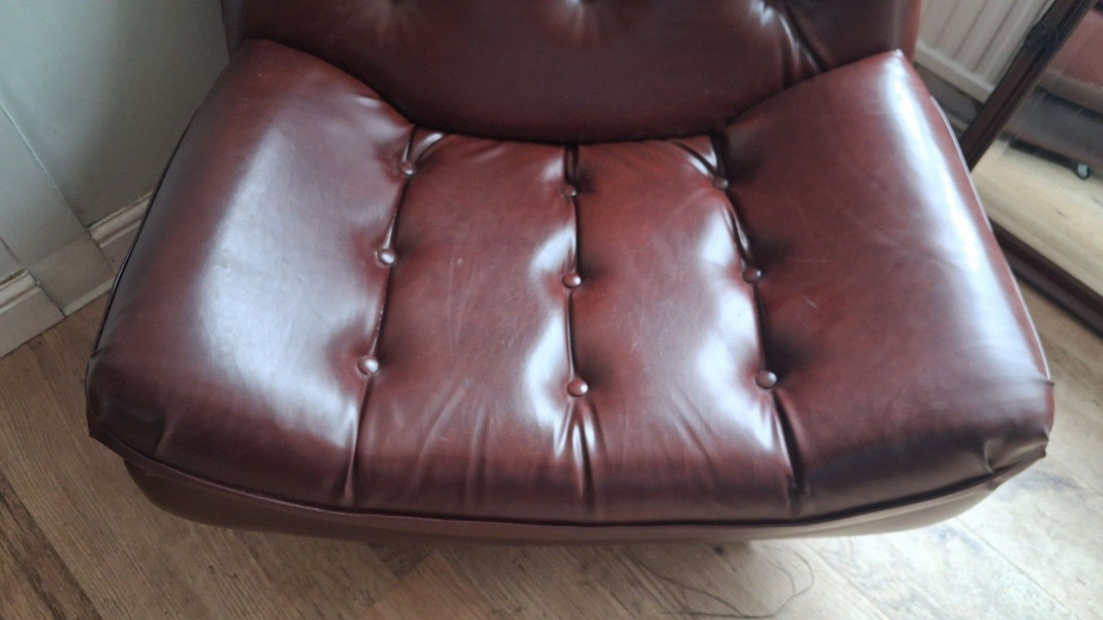 Delightful 1960's Style Buttoned Back Vinyl Low Profile Mid Century Armchair photo for sale
