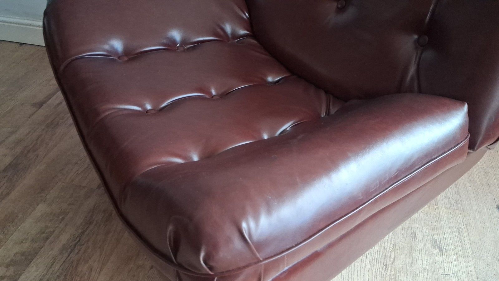 photo furniture Delightful 1960's Style Buttoned Back Vinyl Low Profile Mid Century Armchair