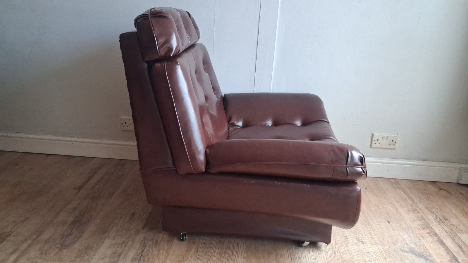 Furniture Delightful 1960's Style Buttoned Back Vinyl Low Profile Mid Century Armchair photo