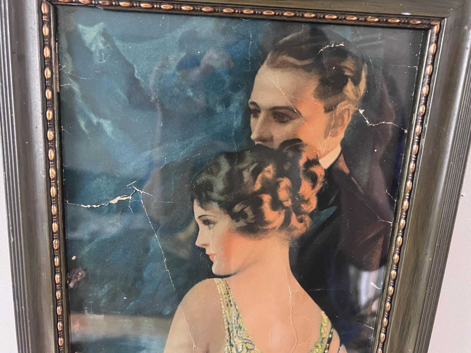 Antique 1926 Gene Pressler Yard Long Print "Honeymooning In The Alps", Original Art Deco Flapper Pompeian Beauty Panel, Authentic Frame photo furniture