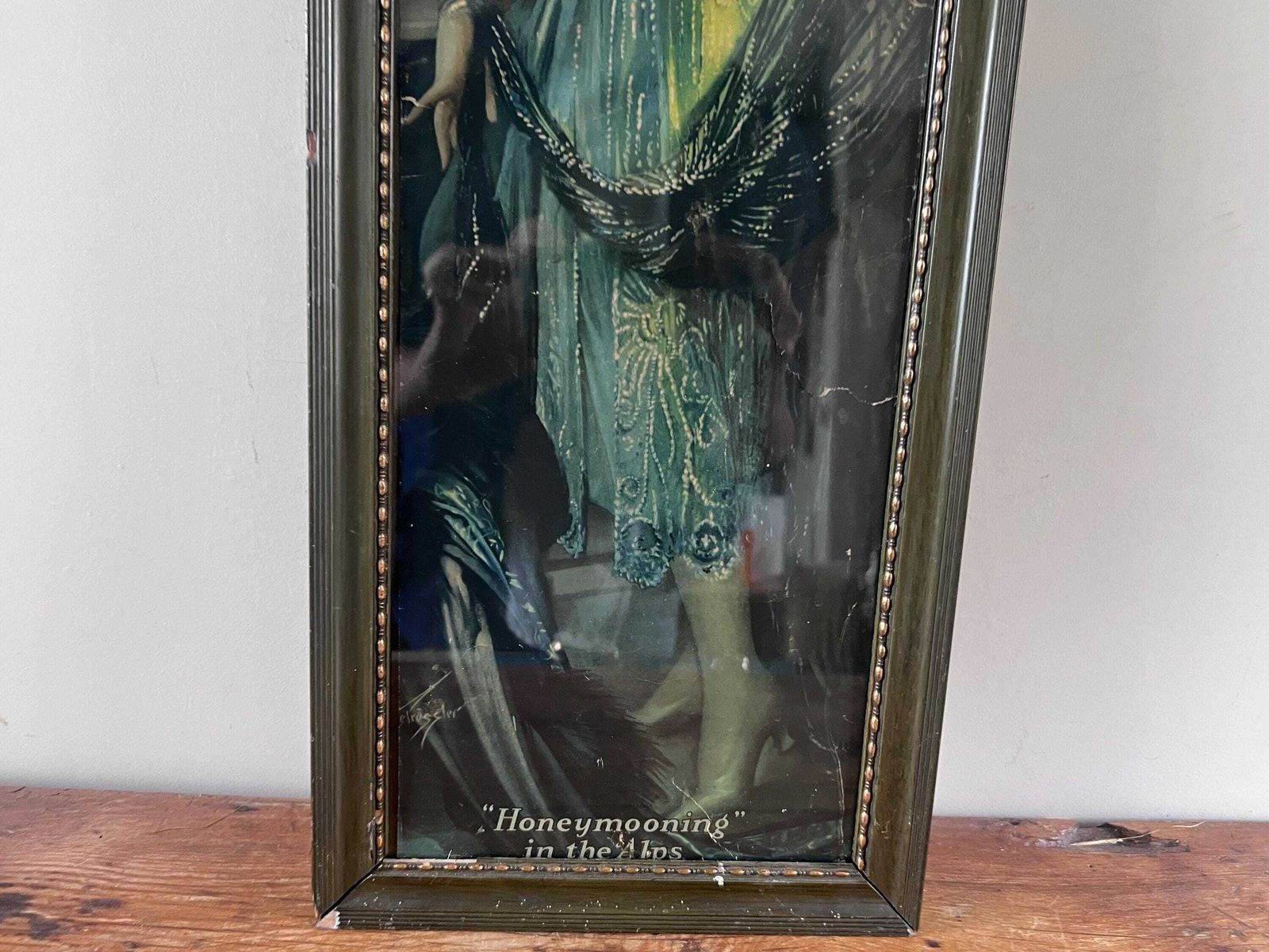 Antique 1926 Gene Pressler Yard Long Print "Honeymooning In The Alps", Original Art Deco Flapper Pompeian Beauty Panel, Authentic Frame photo 85.0