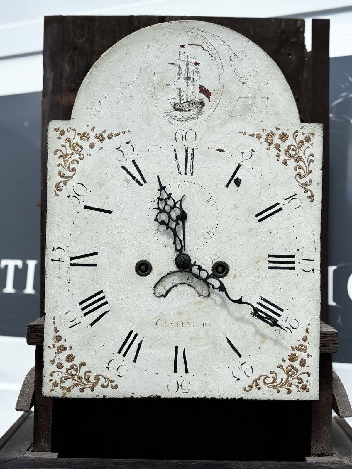 Georgian Mahogany Canterbury Longcase Clock, Painted Face With Maritime Theme photo for sale