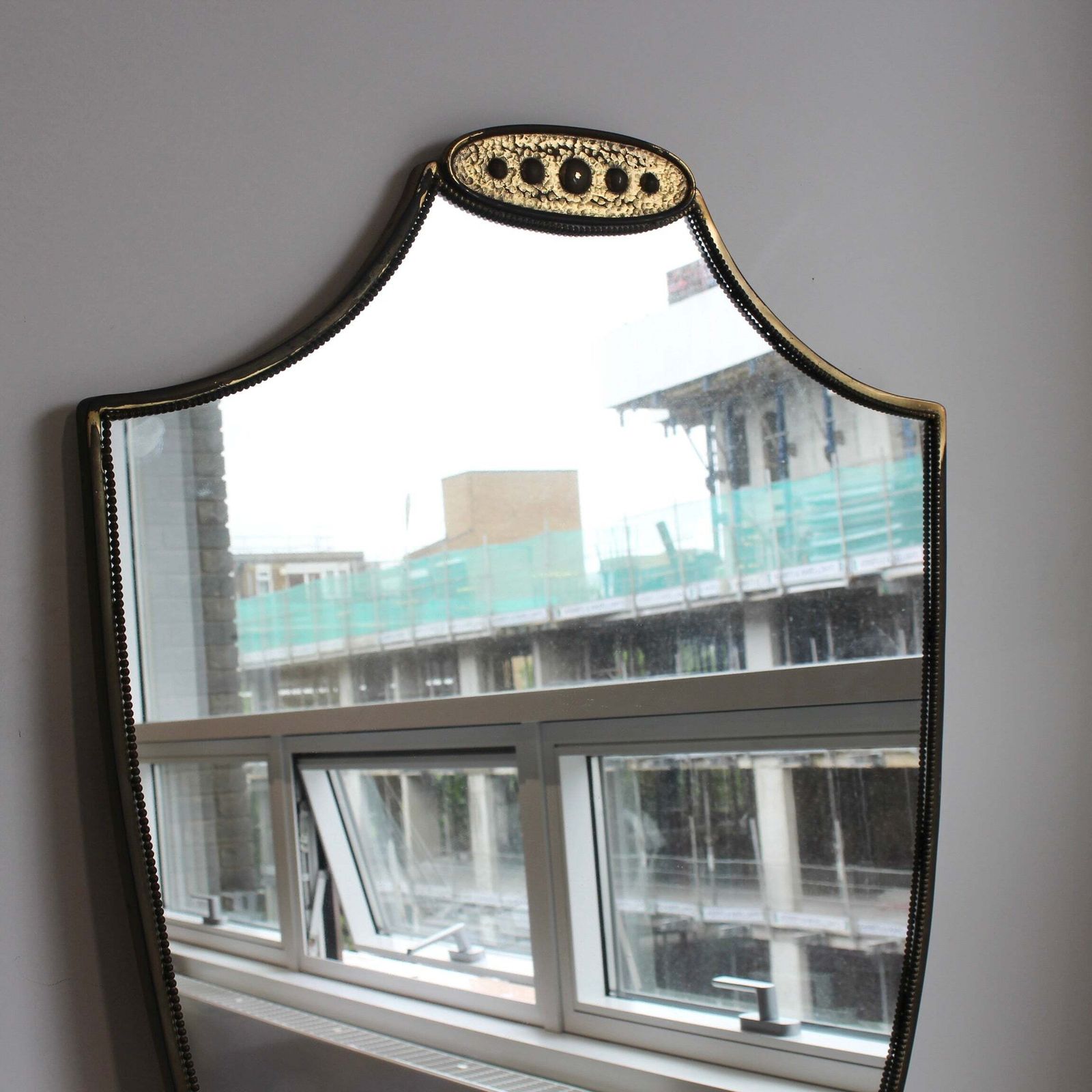 Mid Century Italian Wall Mirror With Beaded Brass Frame And Hammered Decoration (Circa 1950s) photo for sale