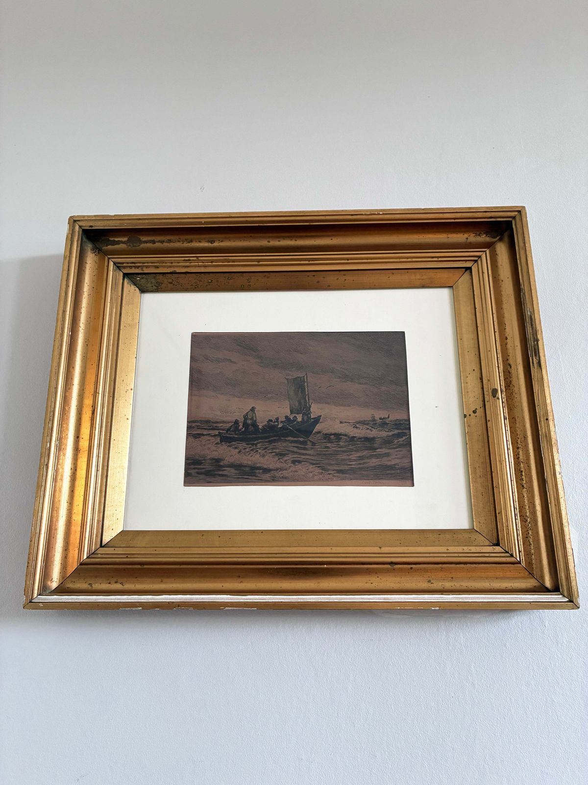 Eau-forte d'époque représentant un voilier, art nautique signé, 1900 photo furniture