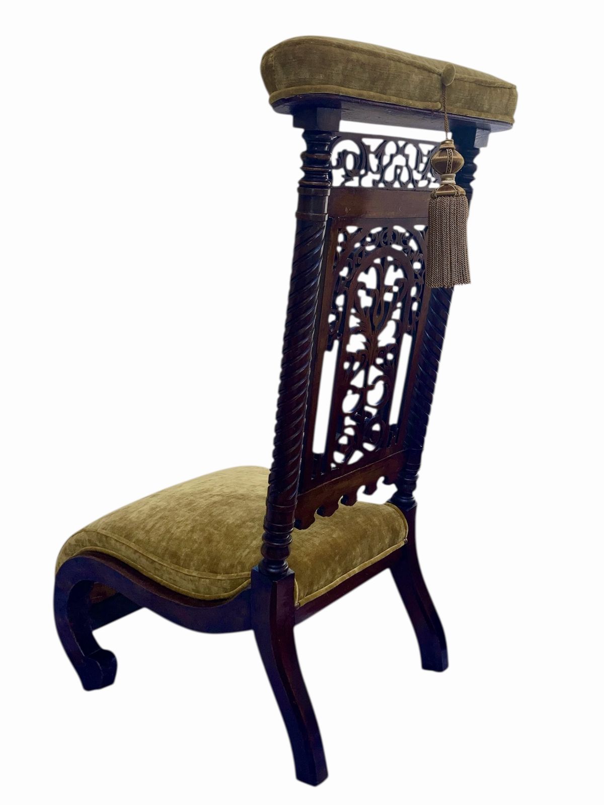 Victorian Mahogany  Prie Dieu Chair, Circa 1870, With Yellow  Velvet Upholstery And Gold Tassel Fully Restored photo vintage