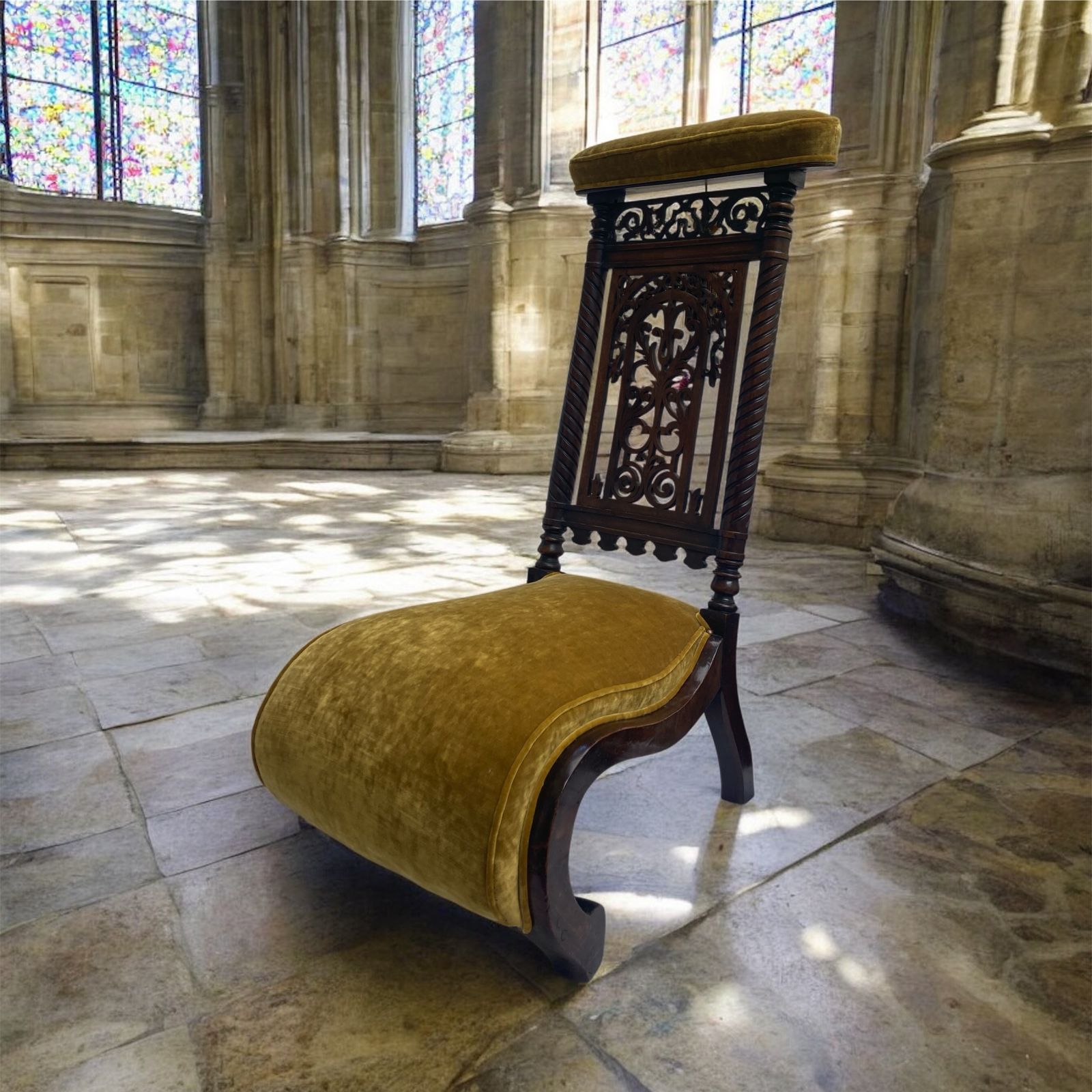 Victorian Mahogany  Prie Dieu Chair, Circa 1870, With Yellow  Velvet Upholstery And Gold Tassel Fully Restored
