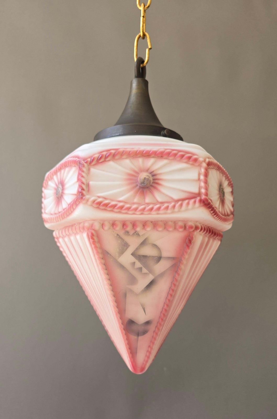 French Art Deco Style Pink Frosted Glass Pendant Lantern, Circa 1930 photo vinterior