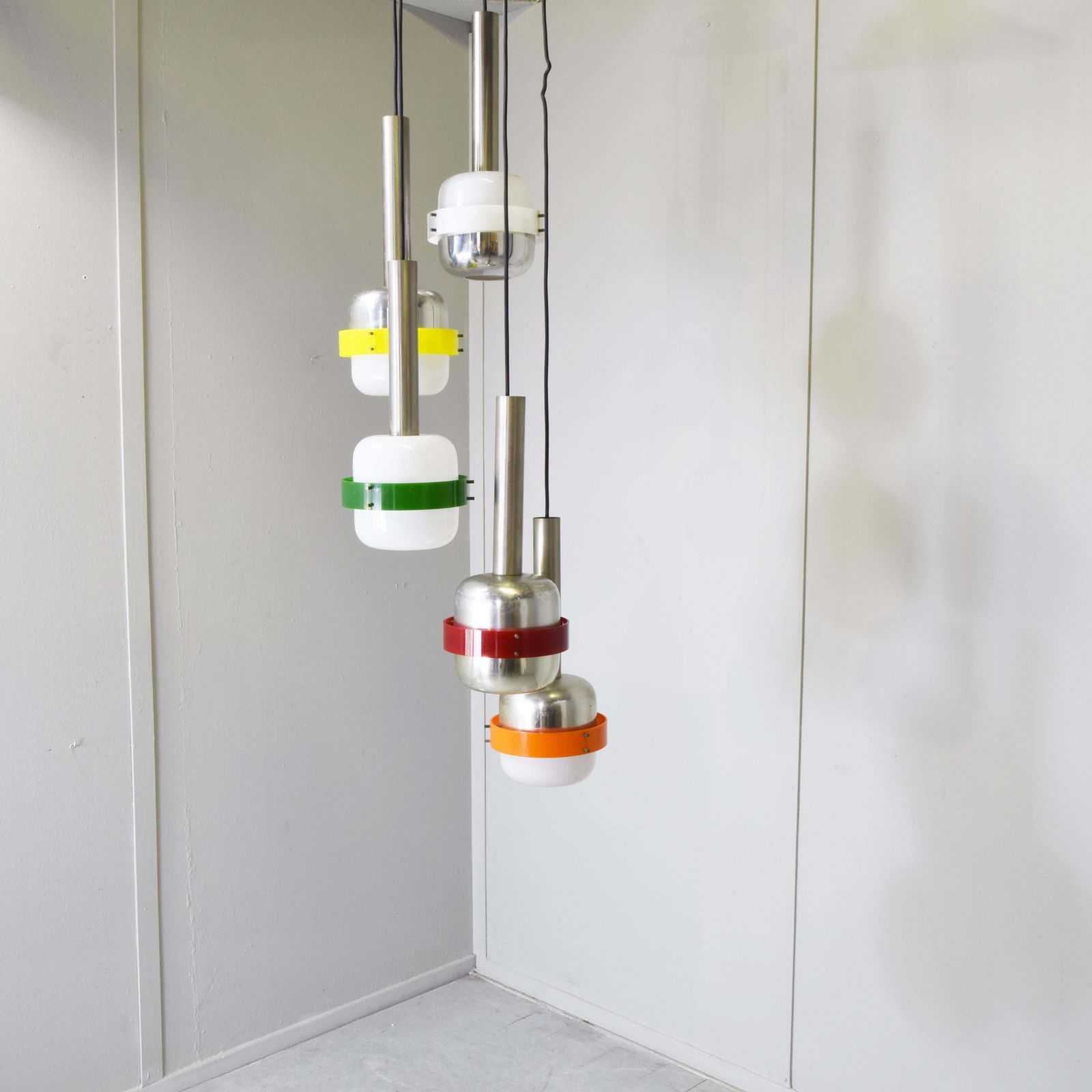 Stilnovo Style Pendant Light Five White Plexiglass Elements 1967 photo vinterior