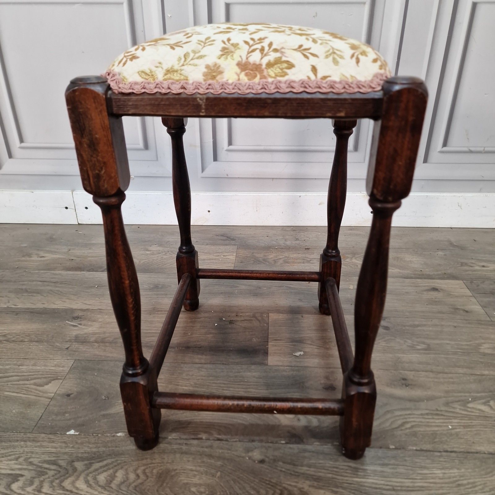 Vintage Oak Wooden Stool Jacobean Revival Footstool Antique Style Turned photo vintage