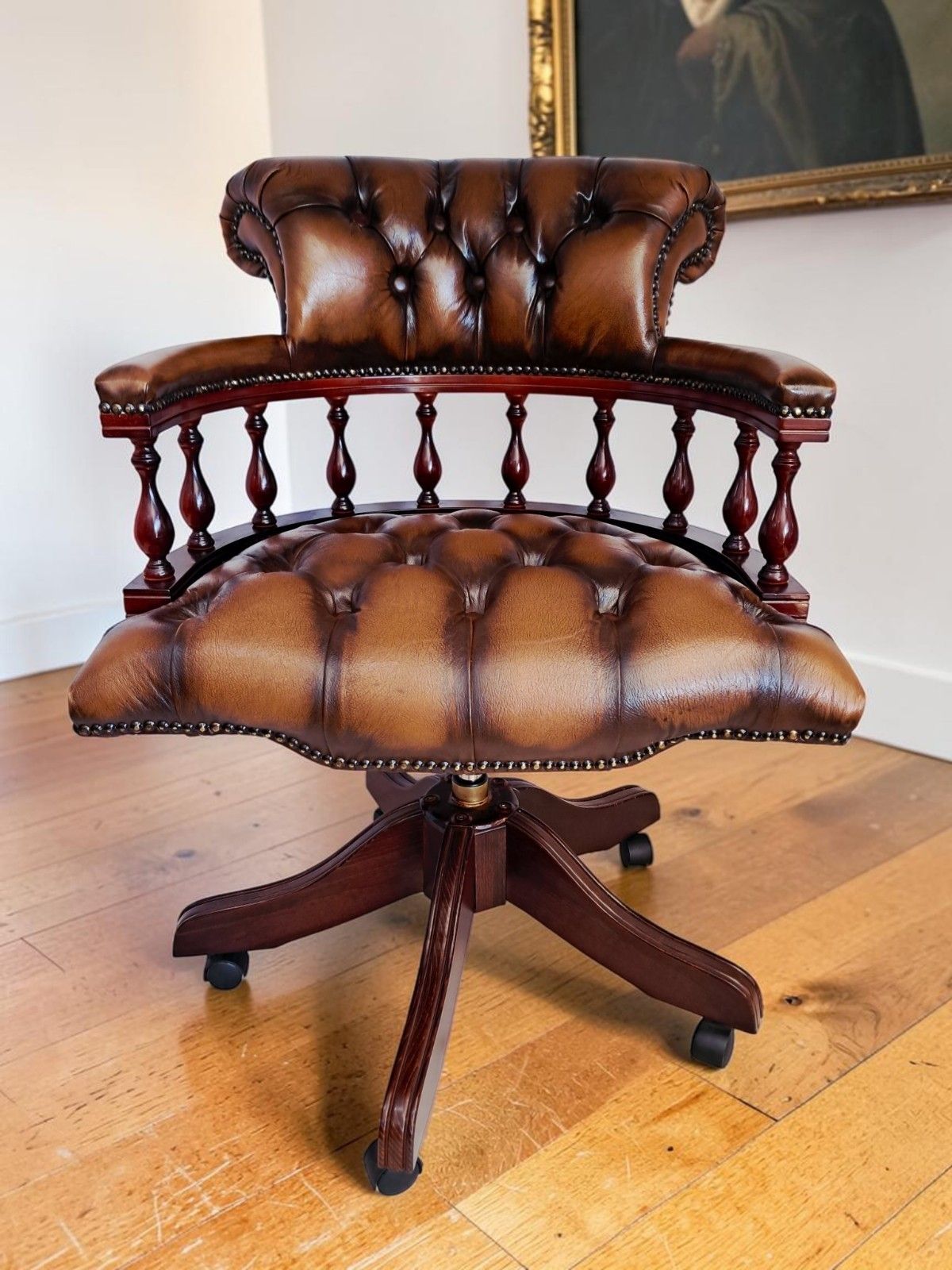 Antique Style Captains Chair Chesterfield Style Brown Leather Swivel & Tilt Desk photo furniture