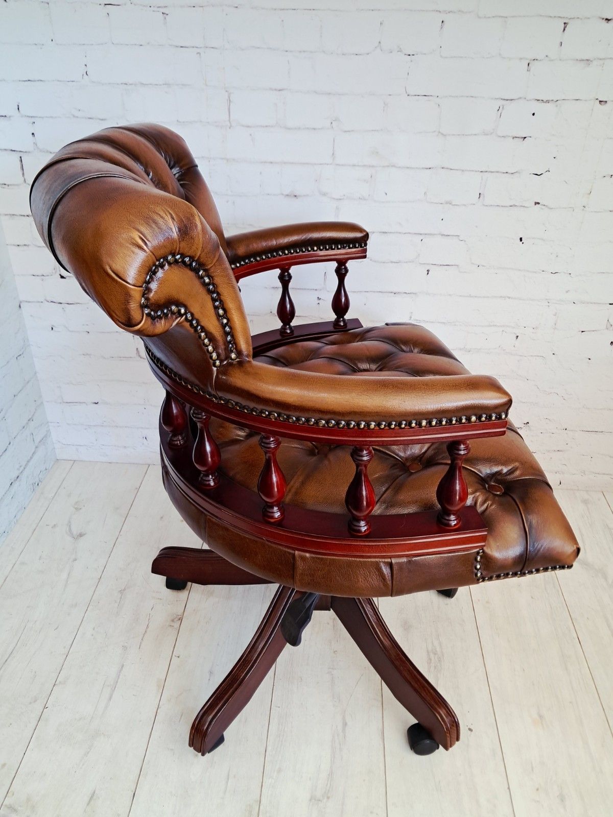 Antique Style Captains Chair Chesterfield Style Brown Leather Swivel & Tilt Desk photo vinterior