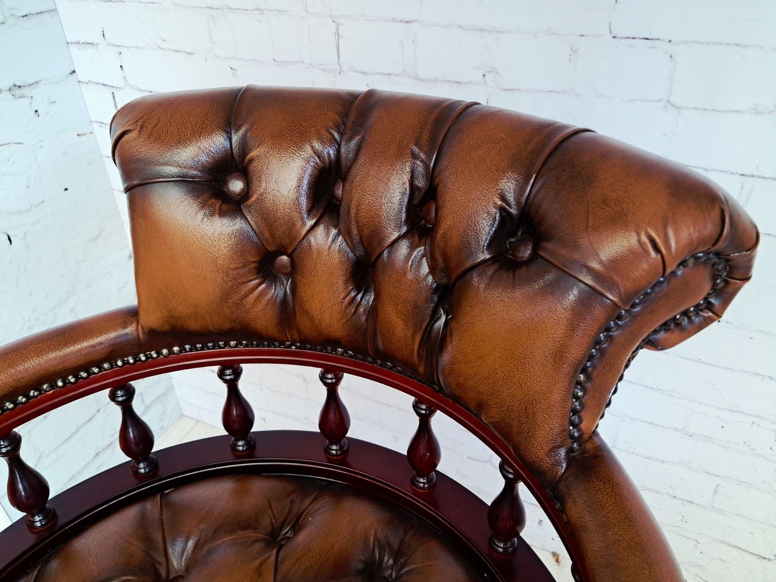 Antique Style Captains Chair Chesterfield Style Brown Leather Swivel & Tilt Desk photo vintage