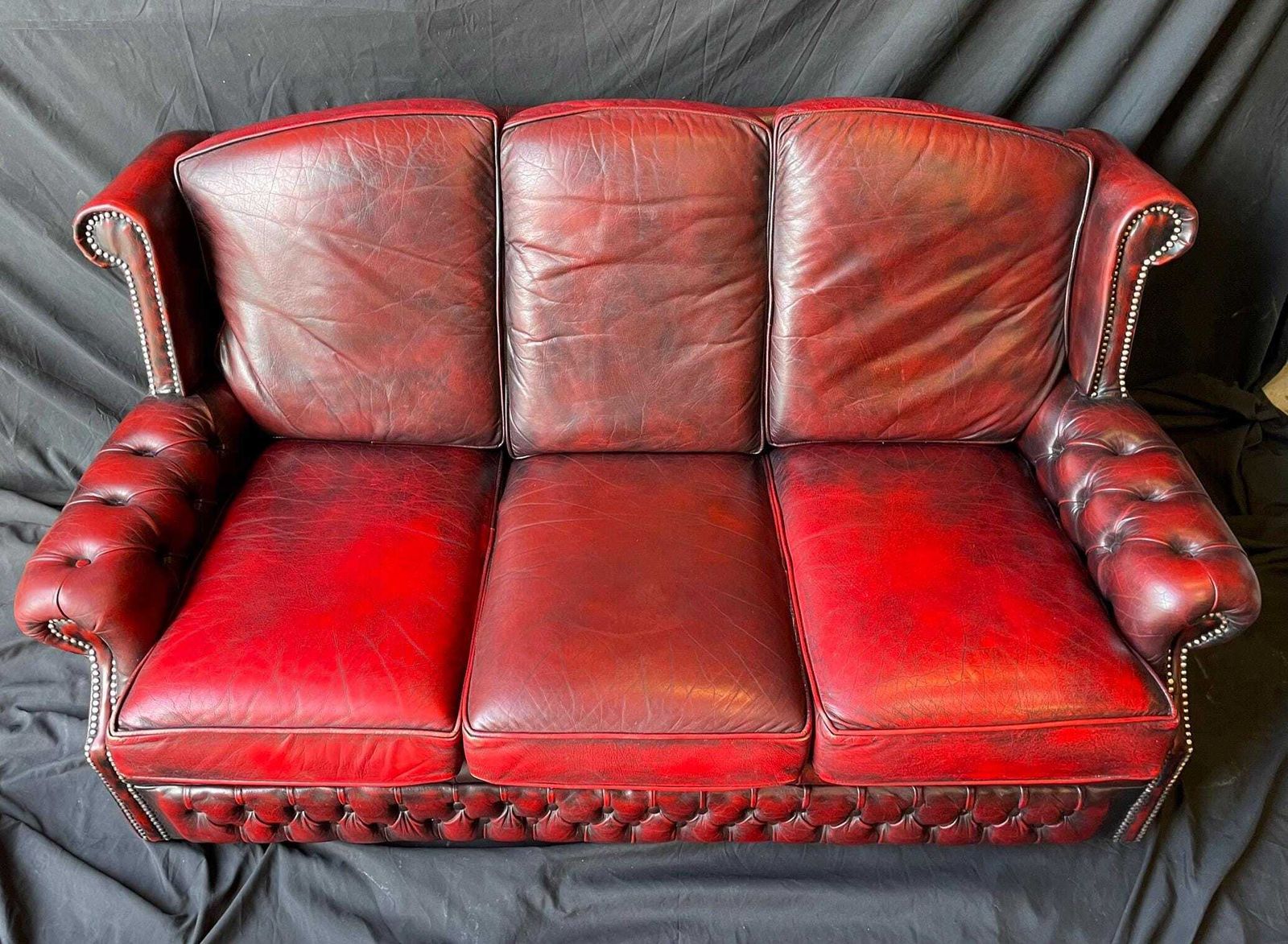 Vintage Oxblood Leather Sofa | Chesterfield Style Three Seater | Traditional Club Sofa photo furniture
