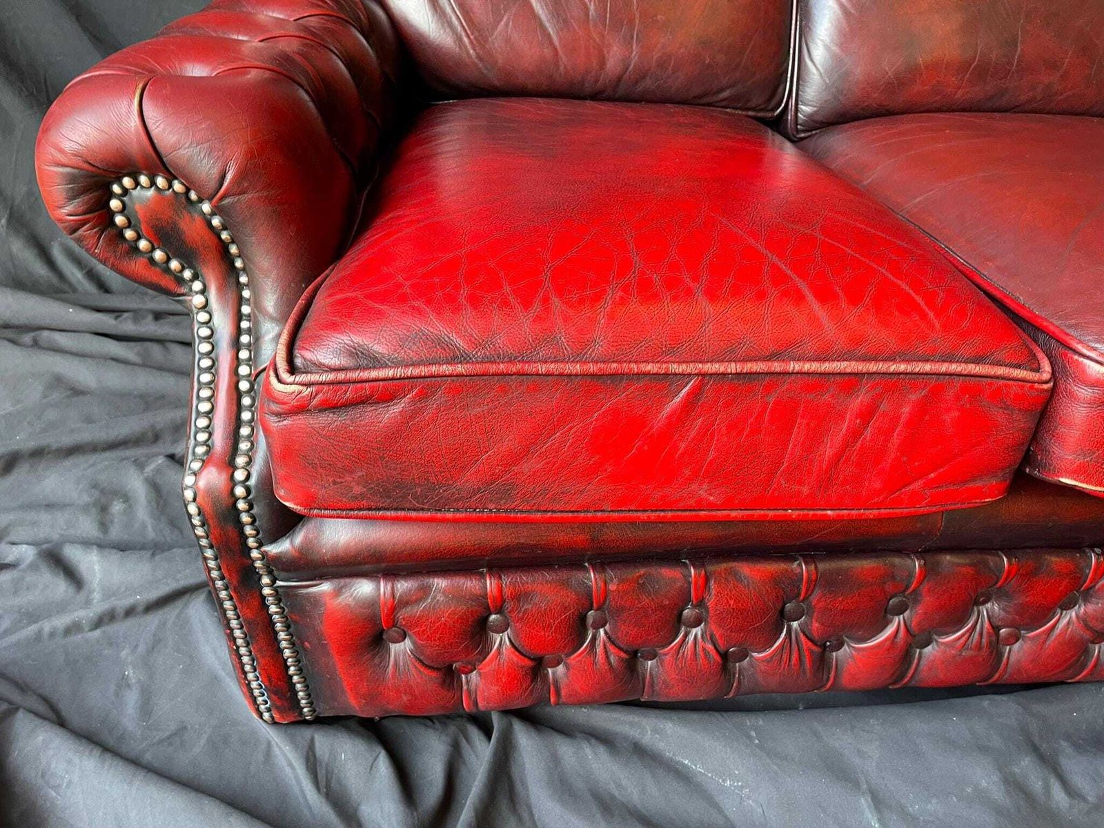 Vintage Oxblood Leather Sofa | Chesterfield Style Three Seater | Traditional Club Sofa photo for sale