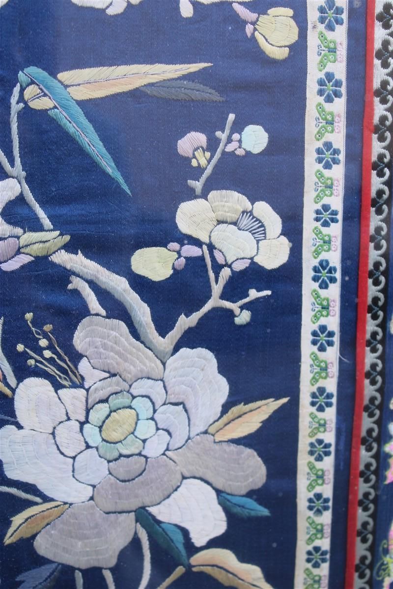 Painting With Hand Embroidered Colorful Silk Fabric With Flowers Birds And Trees photo vintage