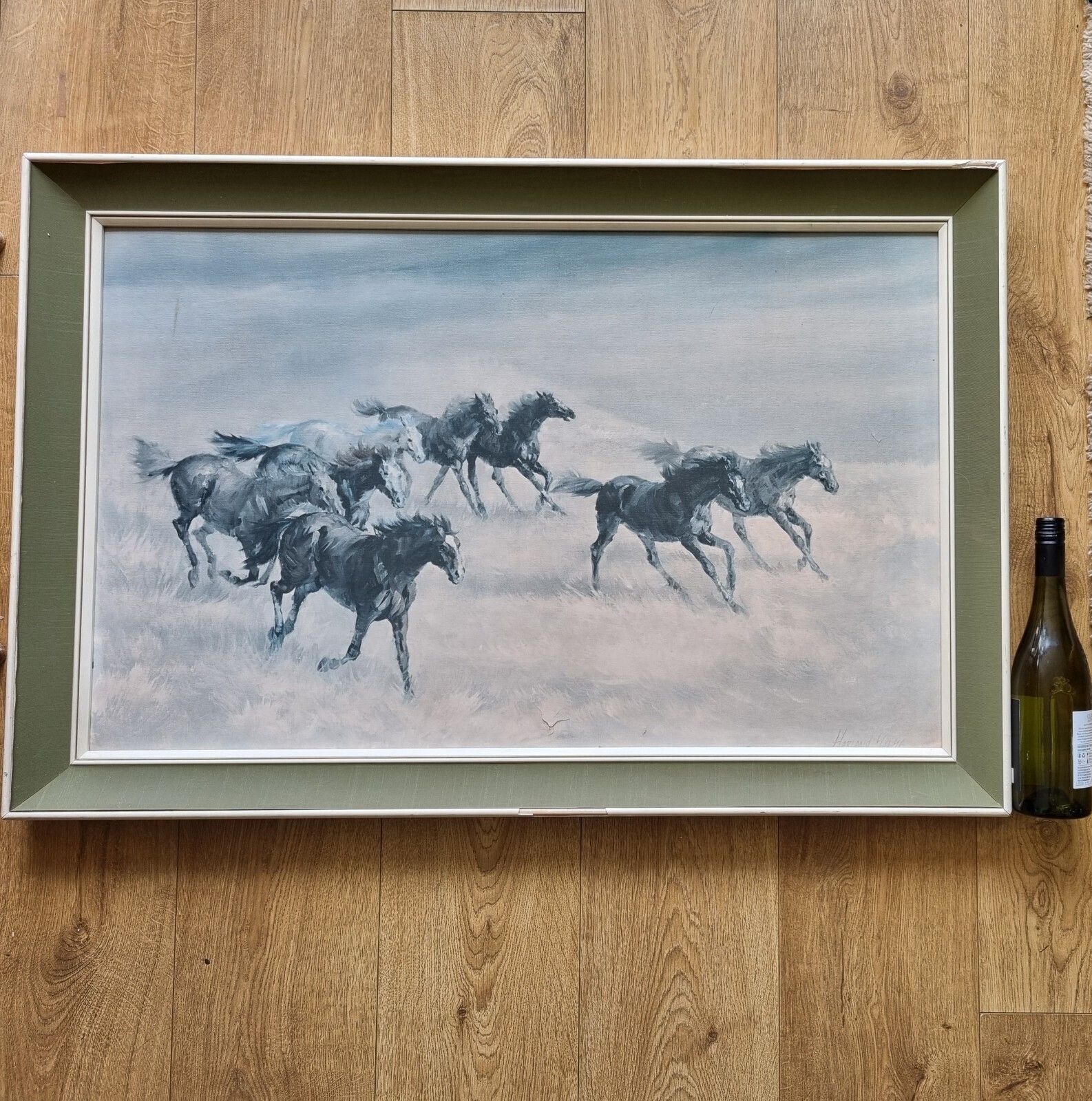 Large Mid Century Print On Board Wild & Free Horses Harland Young Framed 1960's photo furniture