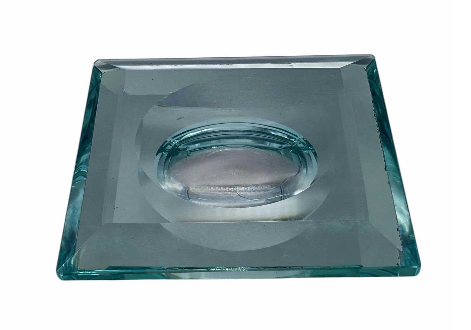 Fontana Arte Style Square Glass Bowl Emptier In Solid Green Ground Glass, 1970s photo furniture