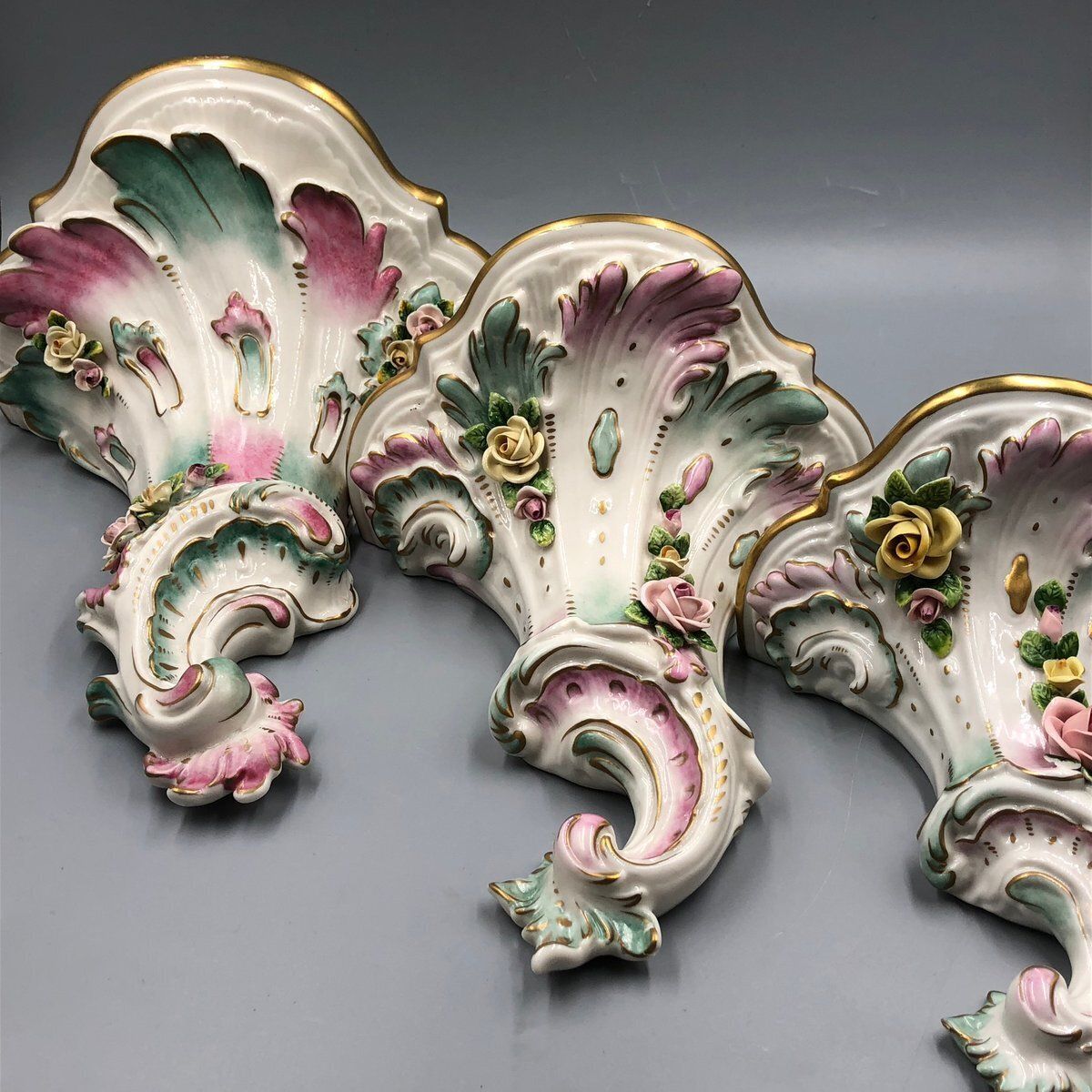 Hand Painted Porcelain Wall Brackets In Rococo Style By Kämmer, Dresden, Set Of 3 photo furniture