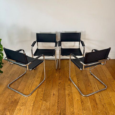 Set Of 4 Mid Century Breuer Chairs In Black Leather photo for sale