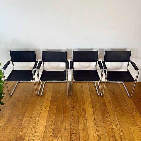Set Of 4 Mid Century Breuer Chairs In Black Leather photo Furniture