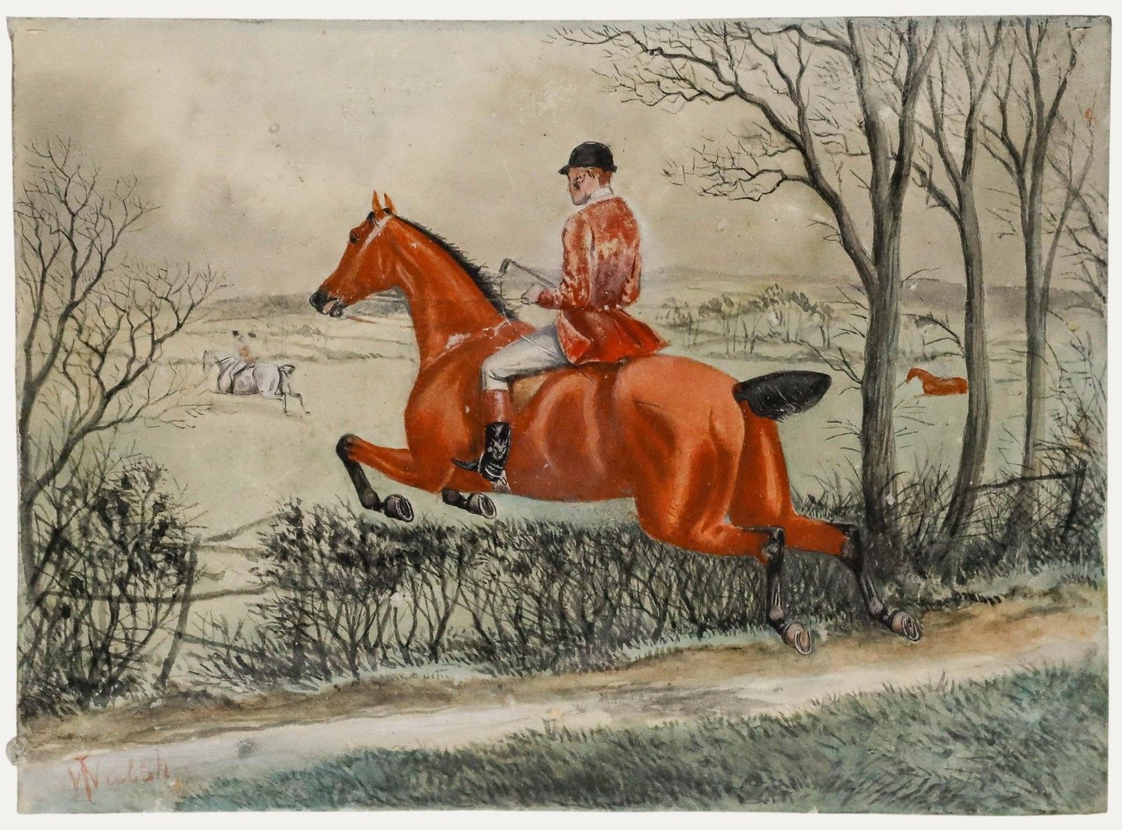 T. Walsh 19th Century Watercolour, The Hunt Takes The Leap