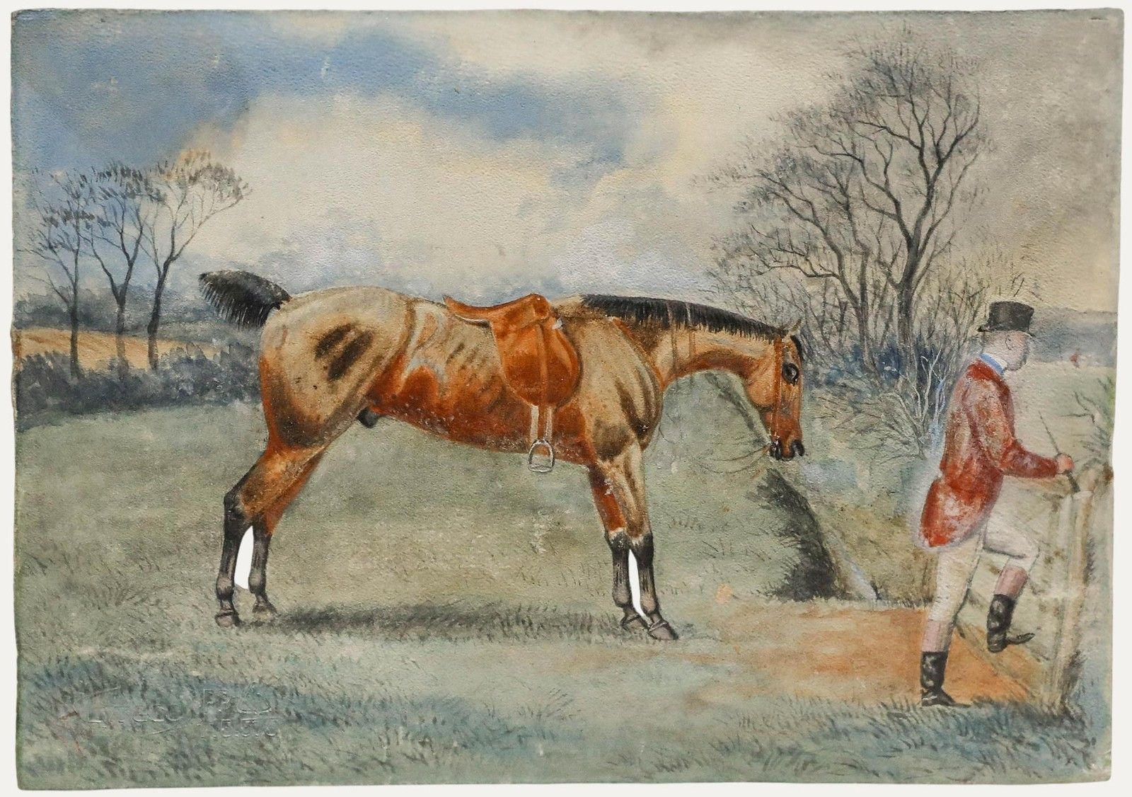 T. Walsh 19th Century Watercolour, The Hunt Pauses