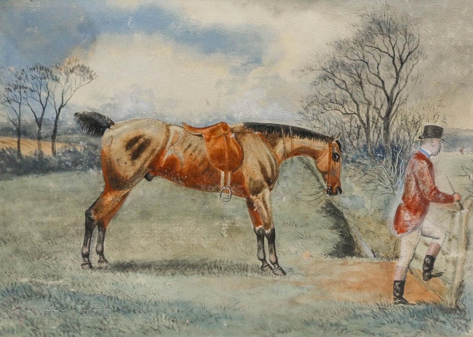T. Walsh 19th Century Watercolour, The Hunt Pauses photo furniture