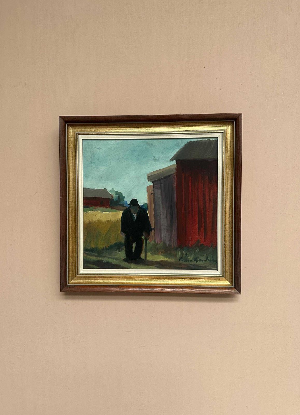 Swedish Mid Century Oil On Panel – "Man Standing" By Svan Grandin, Vintage &  Framed 40 × 38 Cm (15.7" X 15")