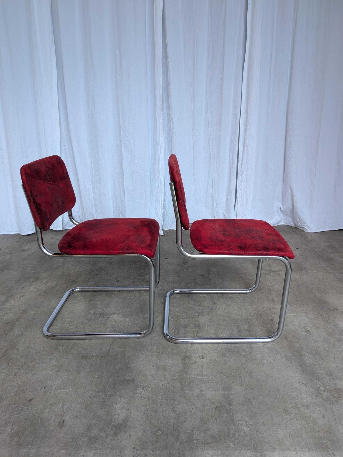 Set Of 2 Cesca Style Dining Chair: Red Fabric, Tubular Chrome Frame, 1970s photo Furniture