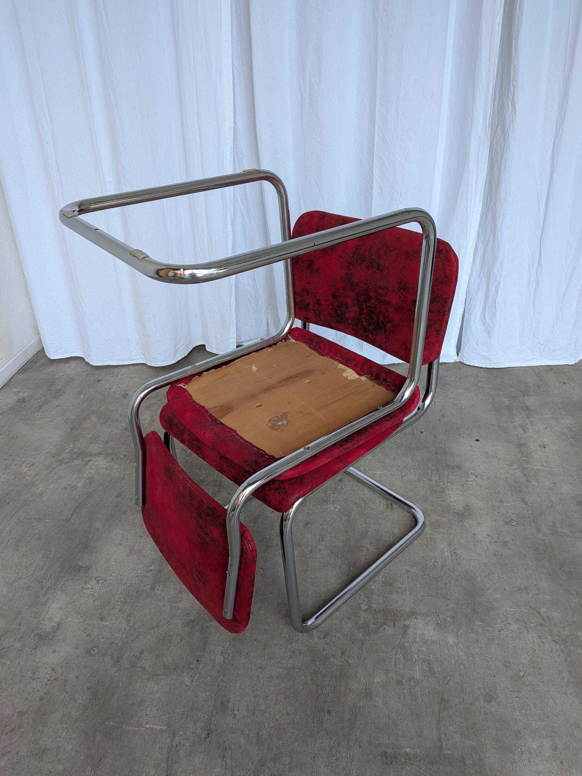 photo buy Set Of 2 Cesca Style Dining Chair: Red Fabric, Tubular Chrome Frame, 1970s