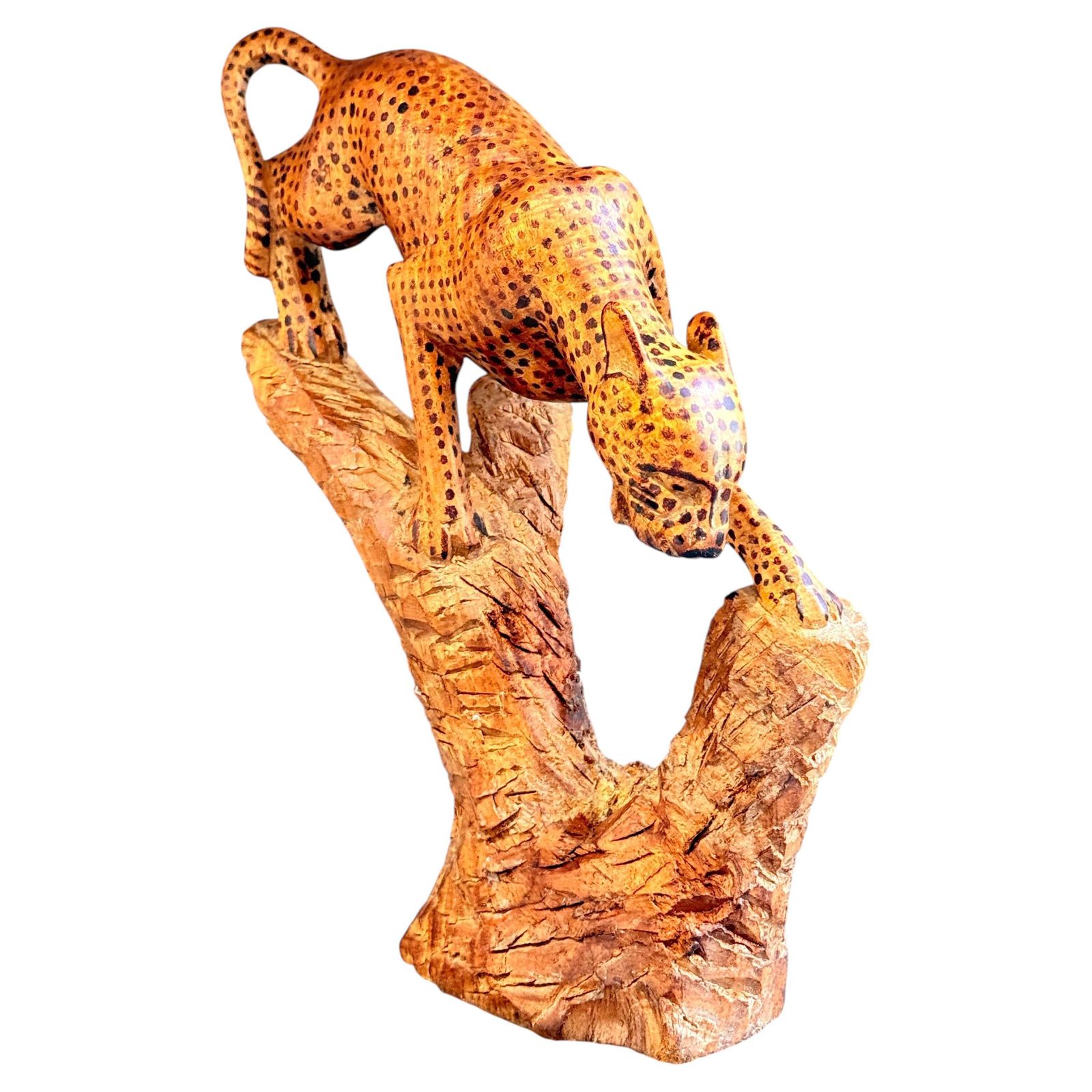 Hand Carved African Leopard Sculpture On Tree Trunk, Tribal Folk Art Figure