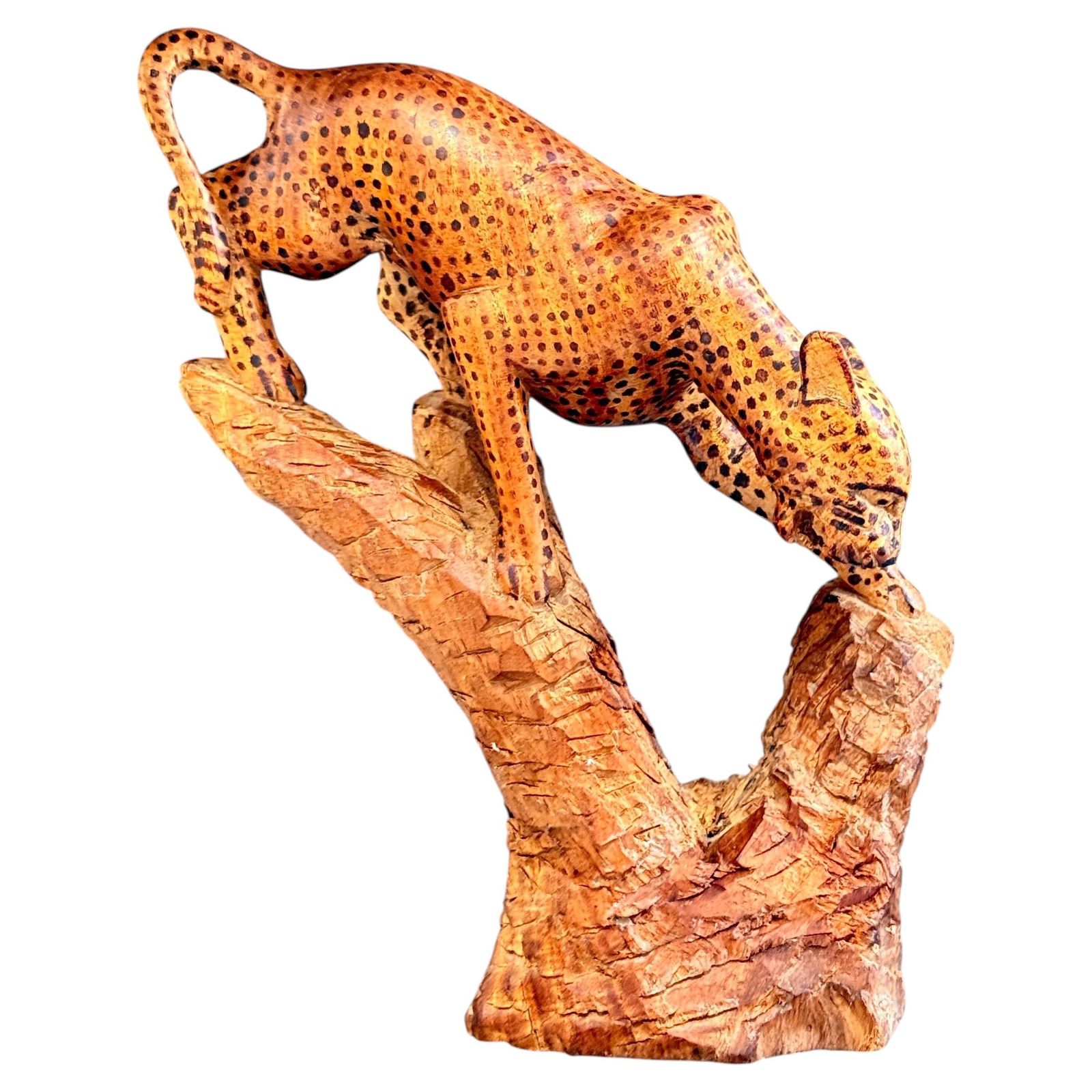 Hand Carved African Leopard Sculpture On Tree Trunk, Tribal Folk Art Figure photo furniture