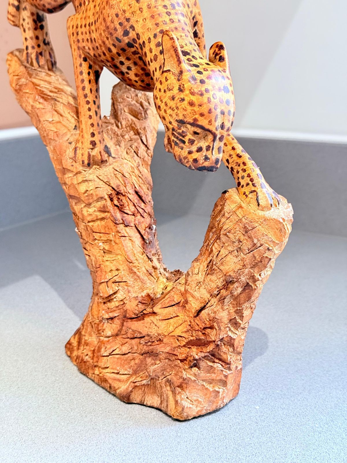 Hand Carved African Leopard Sculpture On Tree Trunk, Tribal Folk Art Figure photo Home Decor