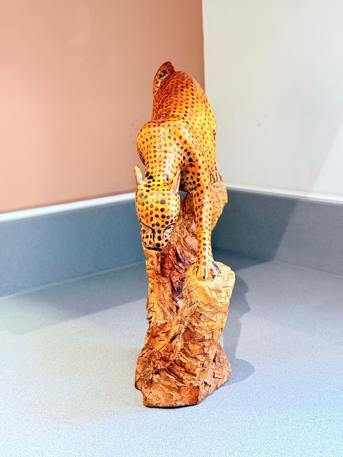 photo buy Hand Carved African Leopard Sculpture On Tree Trunk, Tribal Folk Art Figure