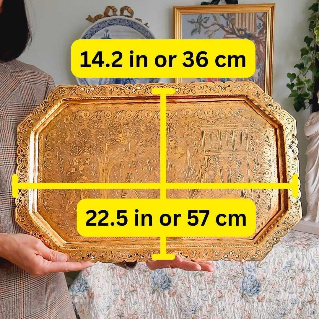 Large Antique Indian Brass Tray Finely Hand Engraved Court Scene Rectangular Shape L 22.5'' Could Be Hanged photo for sale